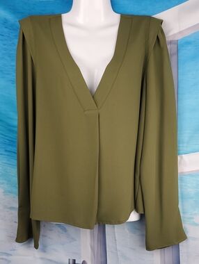 DKNY Olive Green V-Neck Long Sleeve Blouse